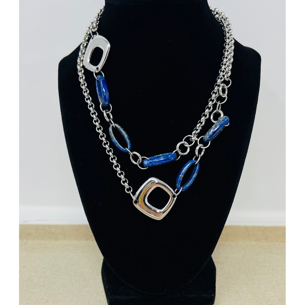 Stainless Steel Blue Lapis Lazuli Layered Chain Necklace Geometric Square Links